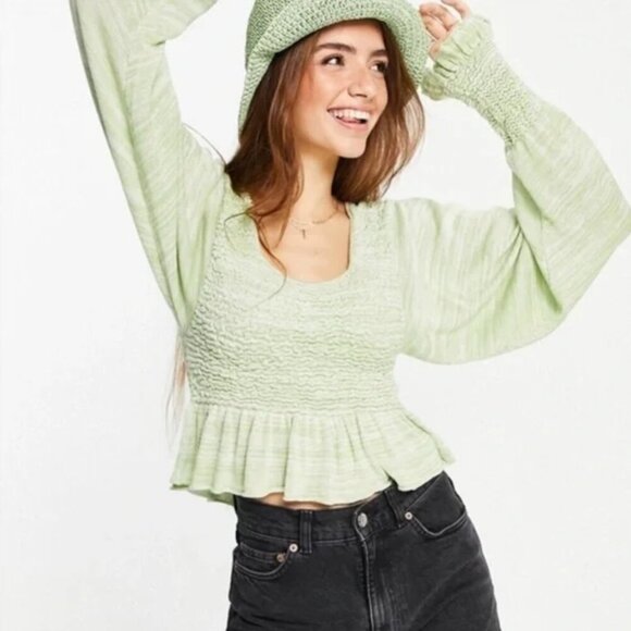 Free People Free Spirit Smocked Knit Peplum Sweater Crop Top, Seafoam Green, S - Picture 1 of 12